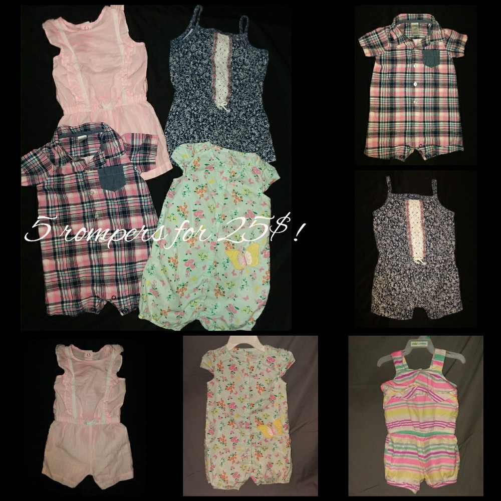 Set of 5 (for 25$!) adorable baby girl rompers.